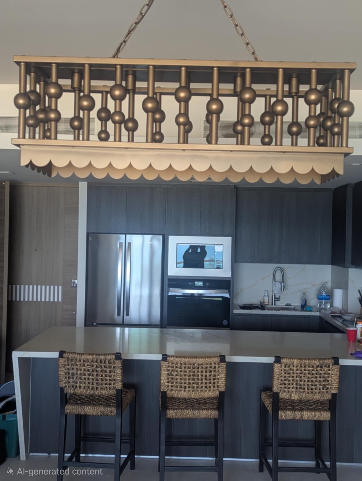 Modern full kitchen with stainless appliances and island seating